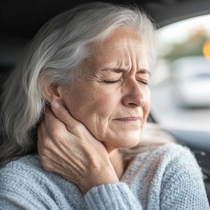 woman holds neck in pain