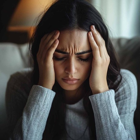 Woman holding head in pain